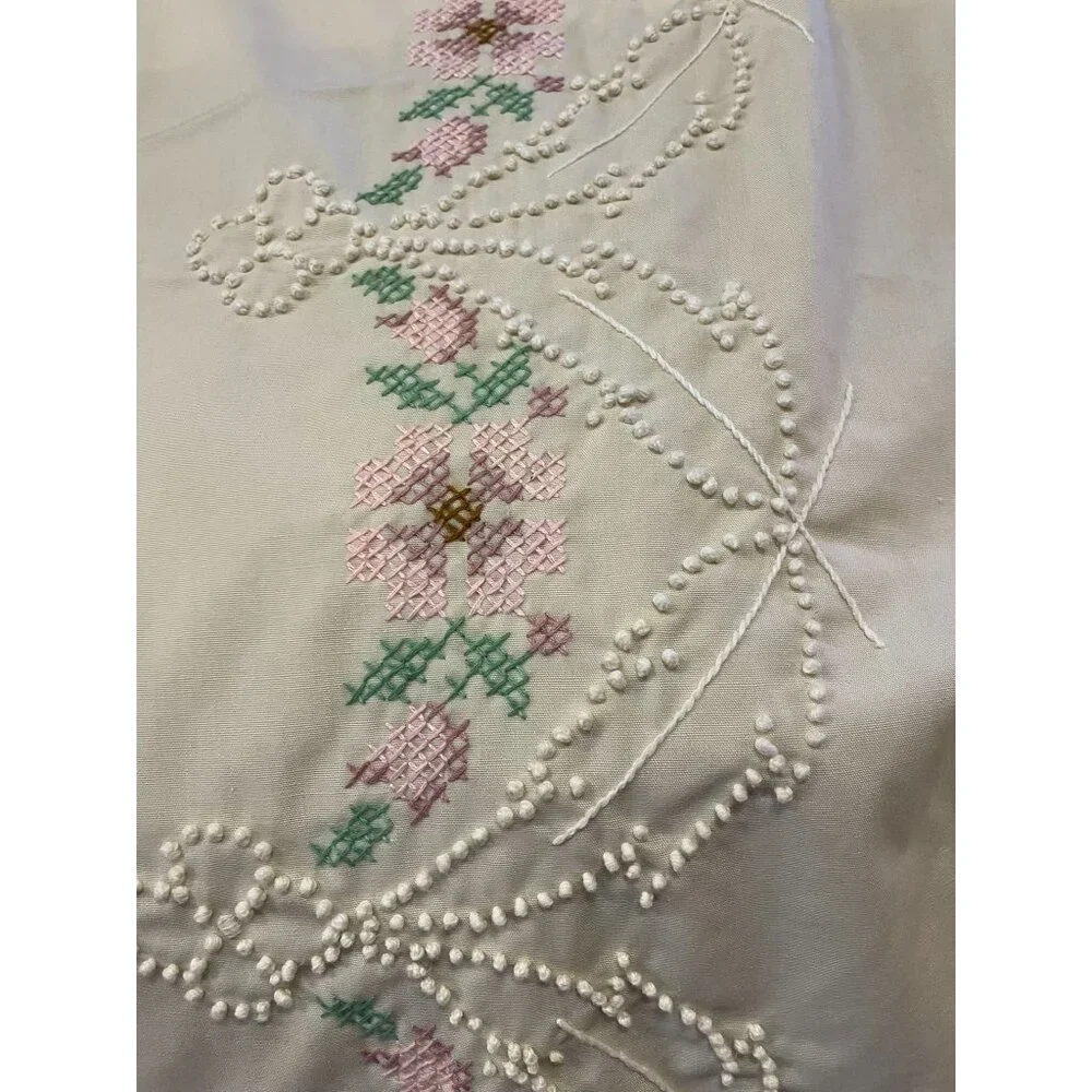 Vintage Cross Stitch Tablecloth Used Beige Mauve Green Pink